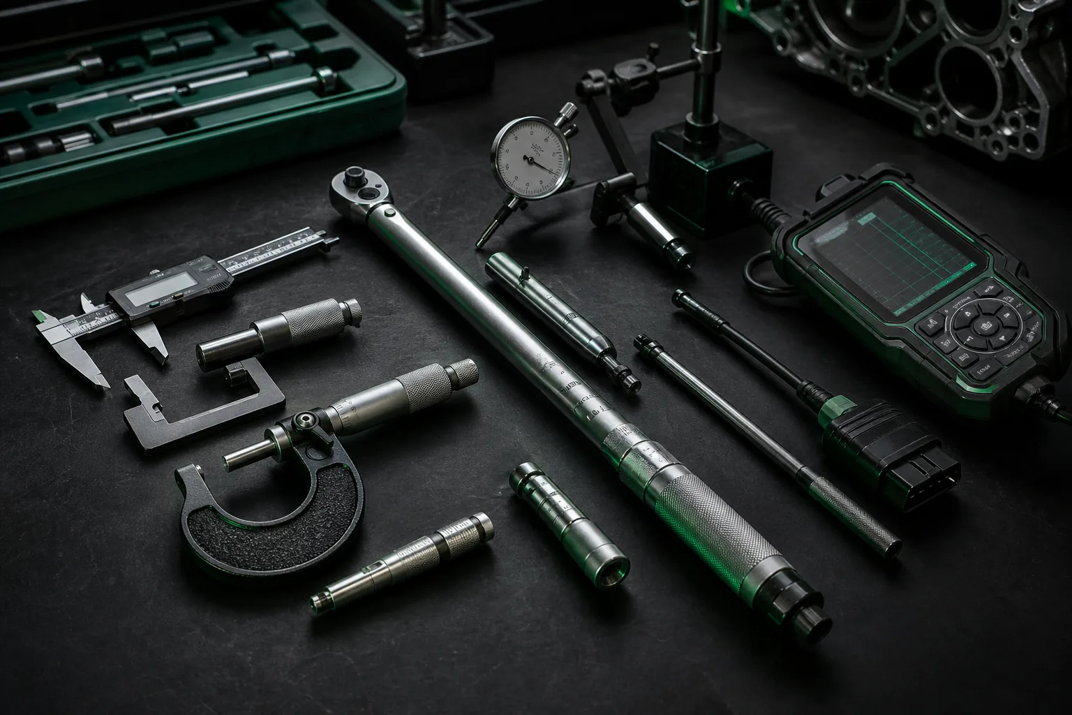 Precision measurement tools and diagnostic instruments at kinesthesis workshop, 1200x800