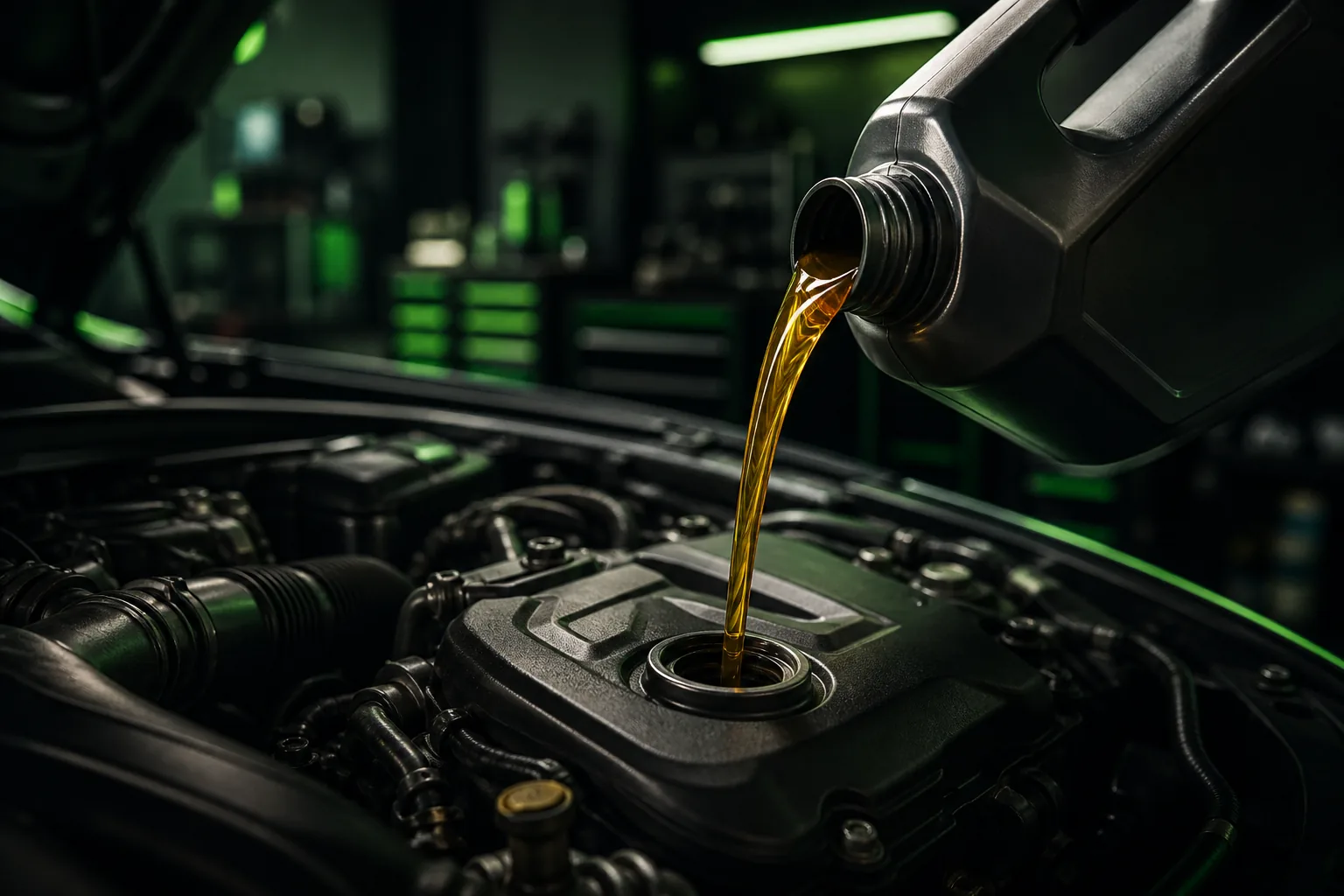 Engine oil being poured during scheduled maintenance service, 1200x675