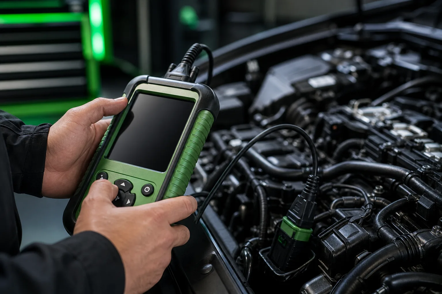Technician using diagnostic scanner on vehicle engine bay, 1200x800