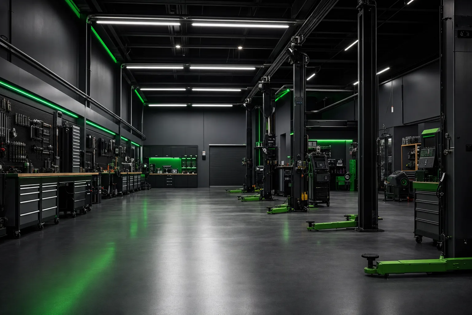Professional auto service workshop interior with diagnostic equipment, 1920x1080